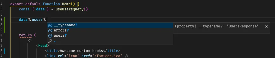Autocomplete for the response returned by useUsersQuery