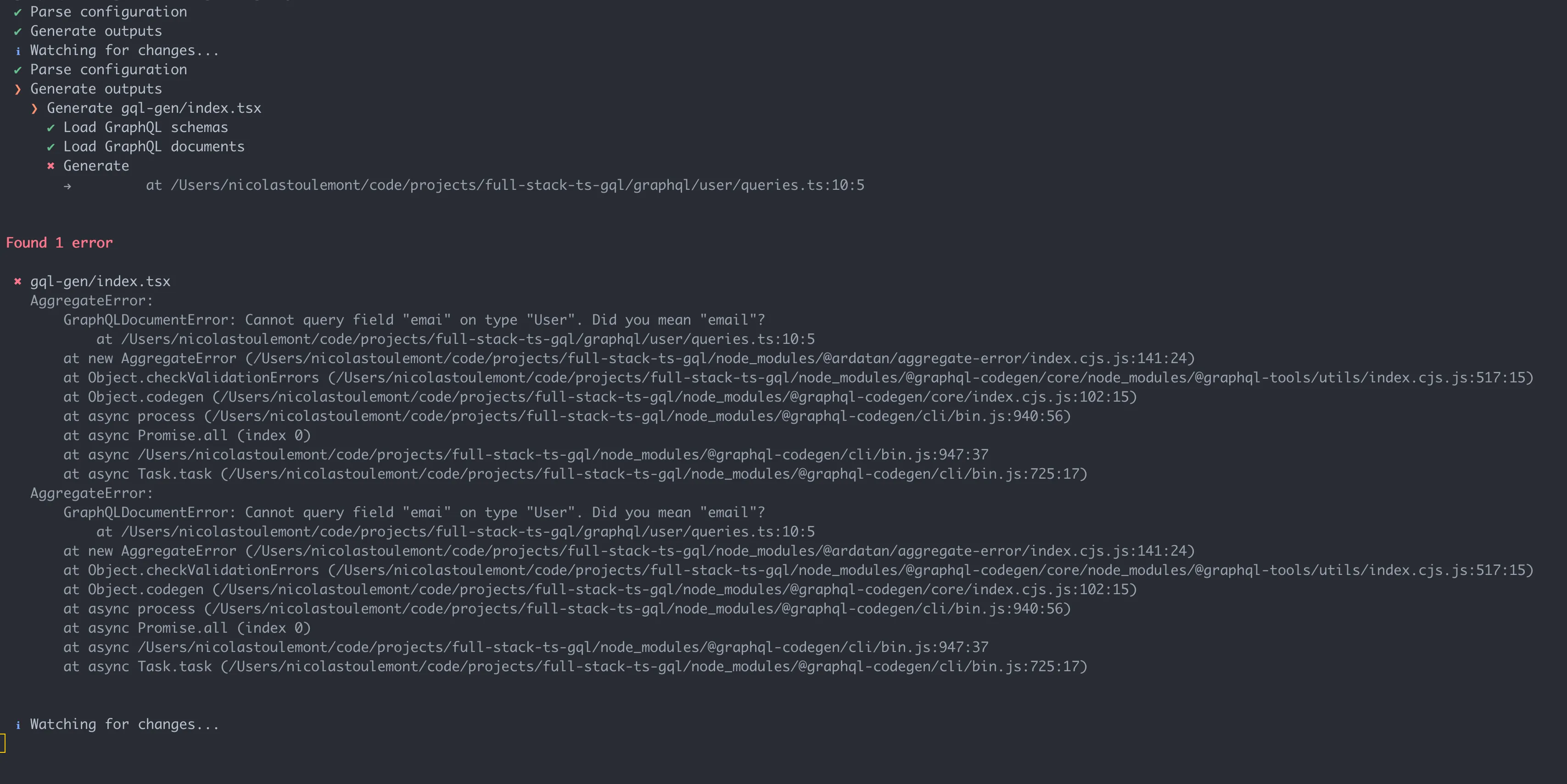 GraphQL Code Generator catches a misspelled email field